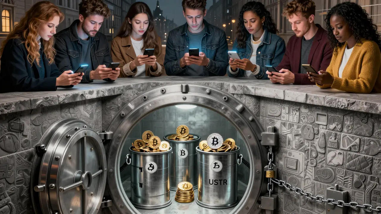 A secure cold storage vault holding cryptocurrency, with users above completing instant purchases on their phones.