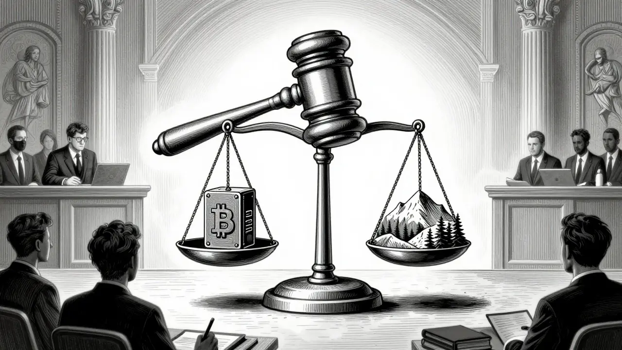 A symbolic courtroom scene with a Bitcoin gavel balancing mining against Georgia's natural landscape.
