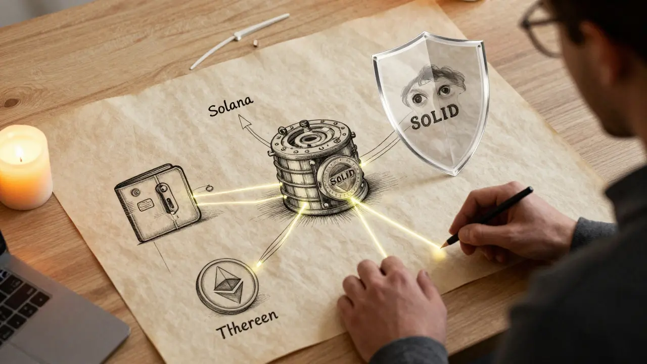 A user connecting multiple crypto wallets to a secure SOLID vault with data streams and privacy shield.