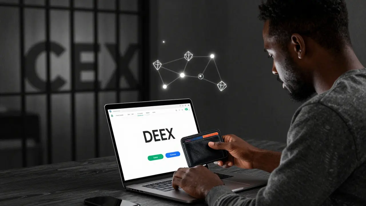 A user in Nigeria connecting a crypto wallet to a DEX while a barred CEX logo fades in the background.