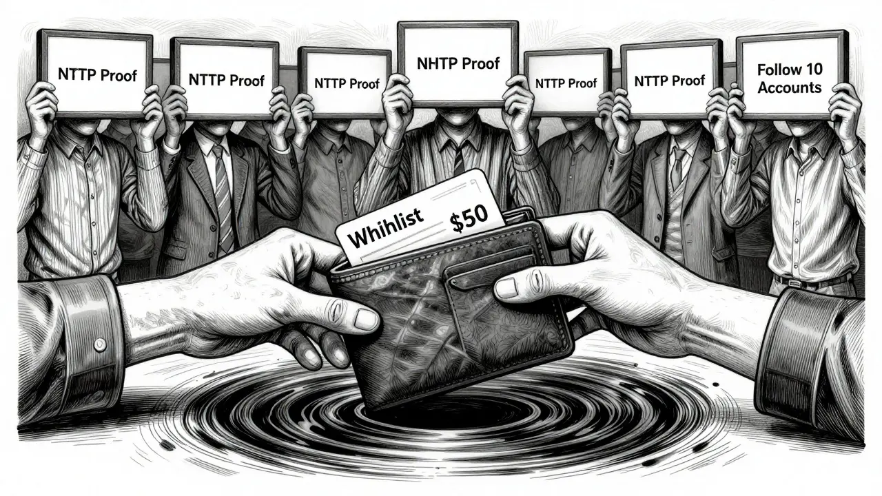 A wallet being dragged into darkness by hands labeled with fake airdrop demands, while faceless people hold blank screens.