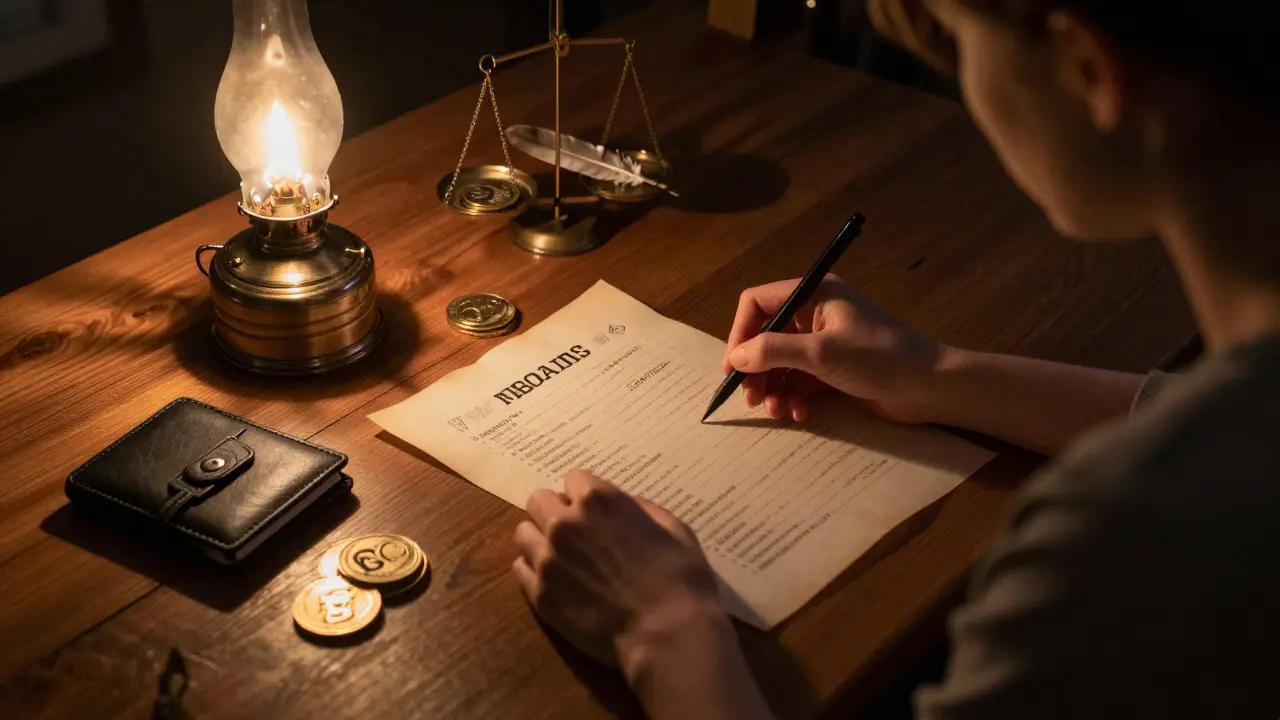 A woman reviewing a blockchain ledger by lamplight, with DORA tokens and USD1 coin beside her on a wooden desk.