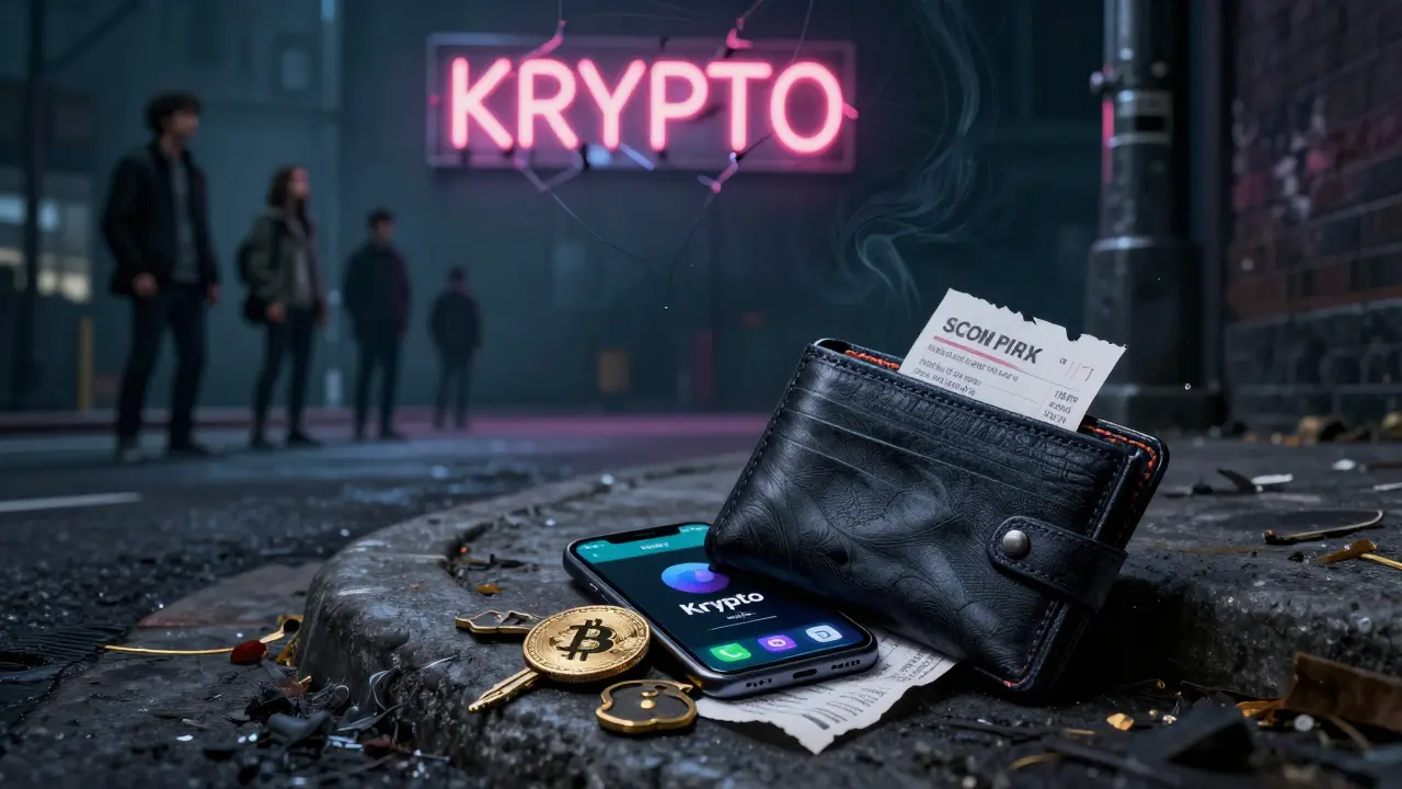 An abandoned wallet spilling crypto keys and scam receipts under a flickering 'KRYPTO' sign.