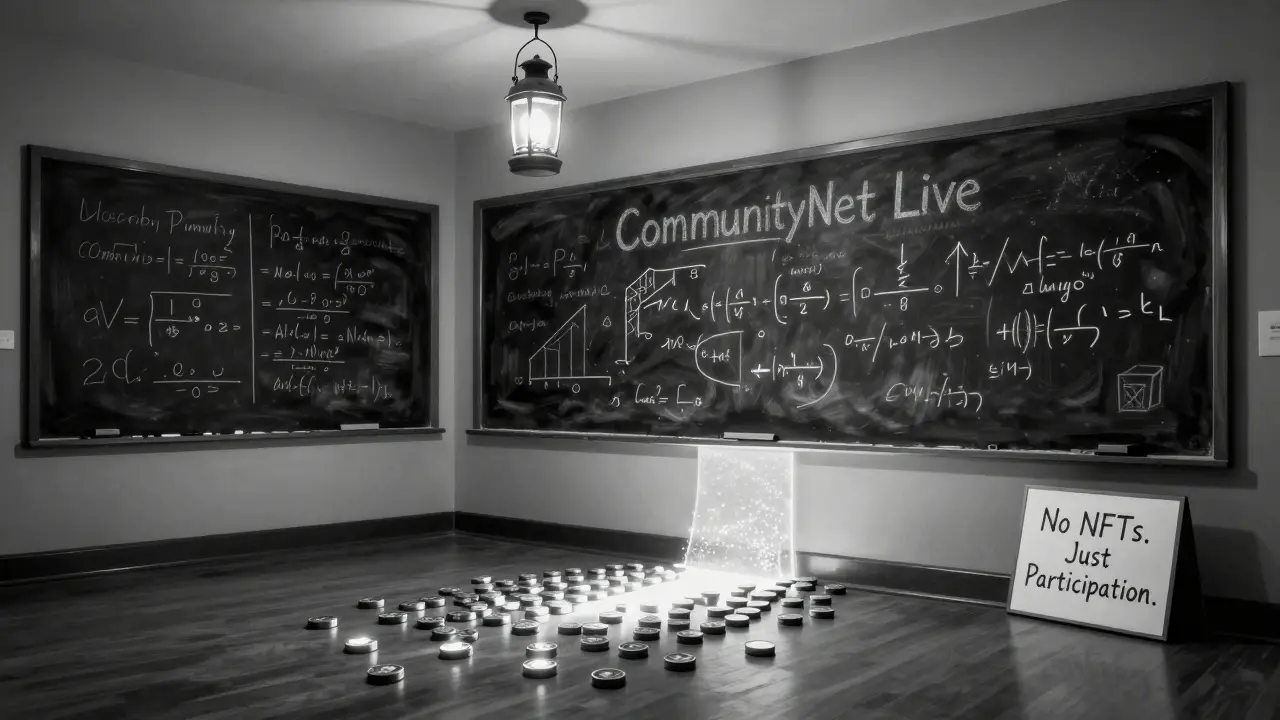 An empty community hall with chalkboard showing 'CommunityNet Live' and glowing ETH deposits, etching style.