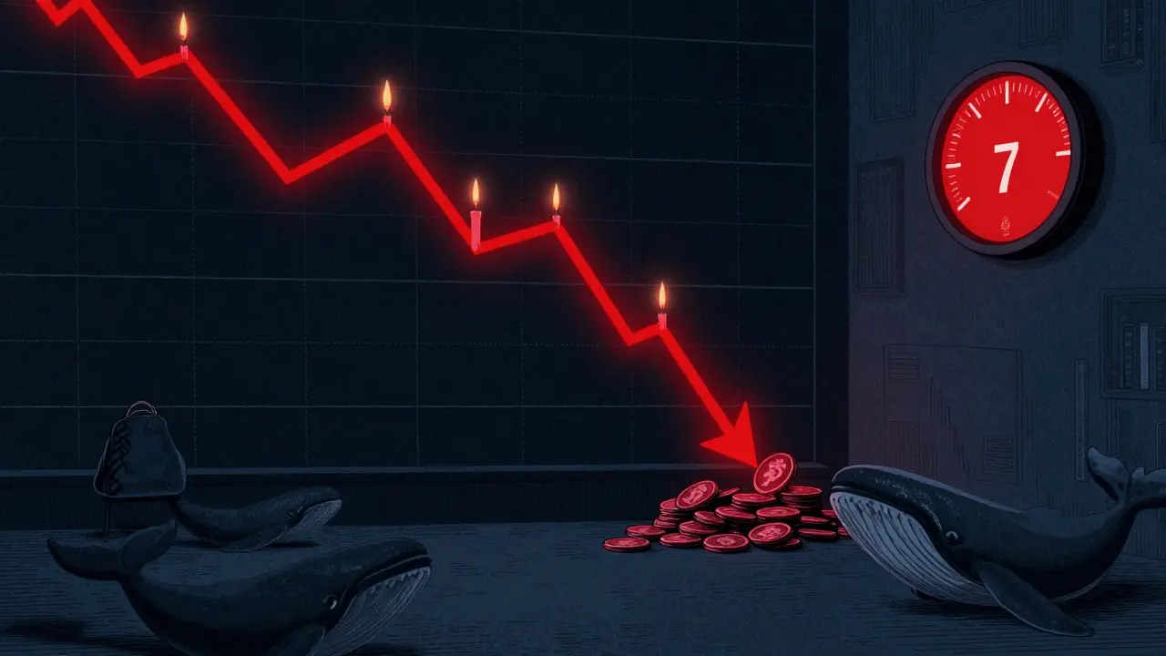 An empty trading floor at night with plummeting charts and shadowy buyers accumulating crypto, illustrated in etching style.