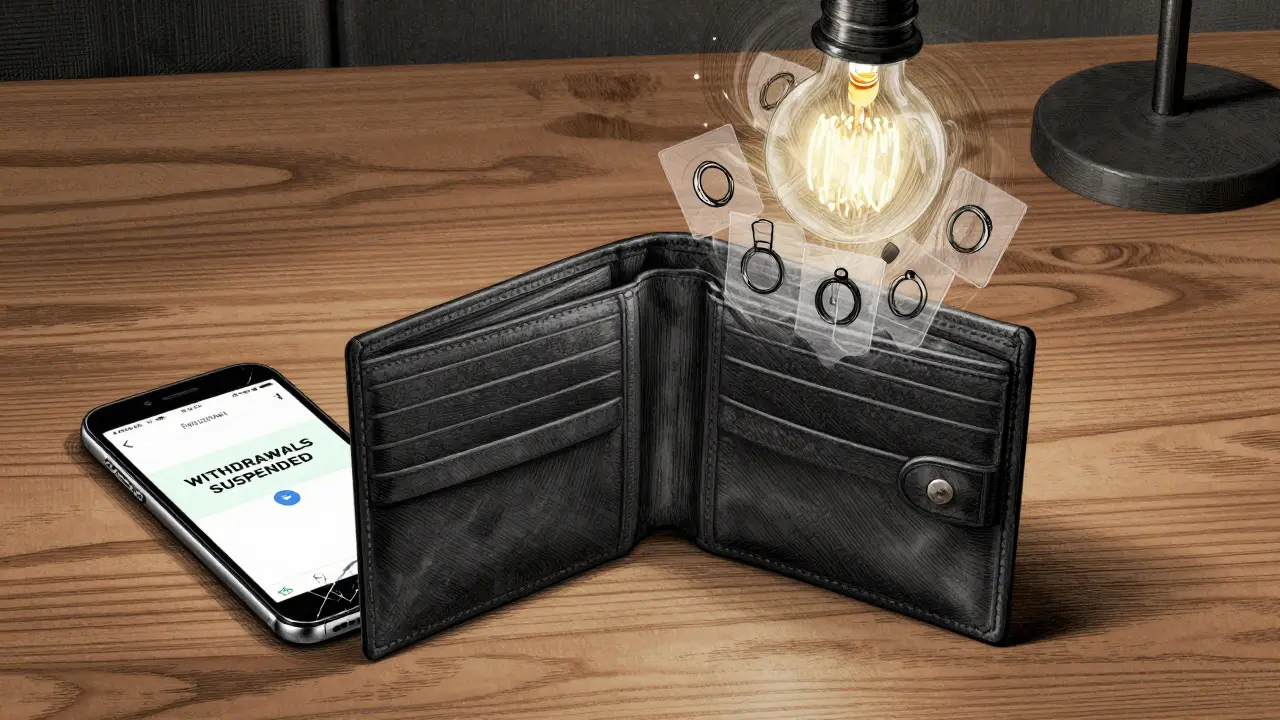 An empty wallet beside a frozen exchange screen with ghostly transaction trails, etching style.