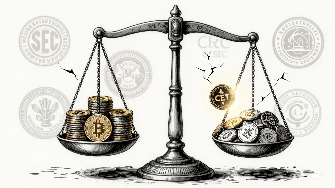 An ornate balance scale tipped by exotic crypto tokens, with shattered regulatory seals in the background.
