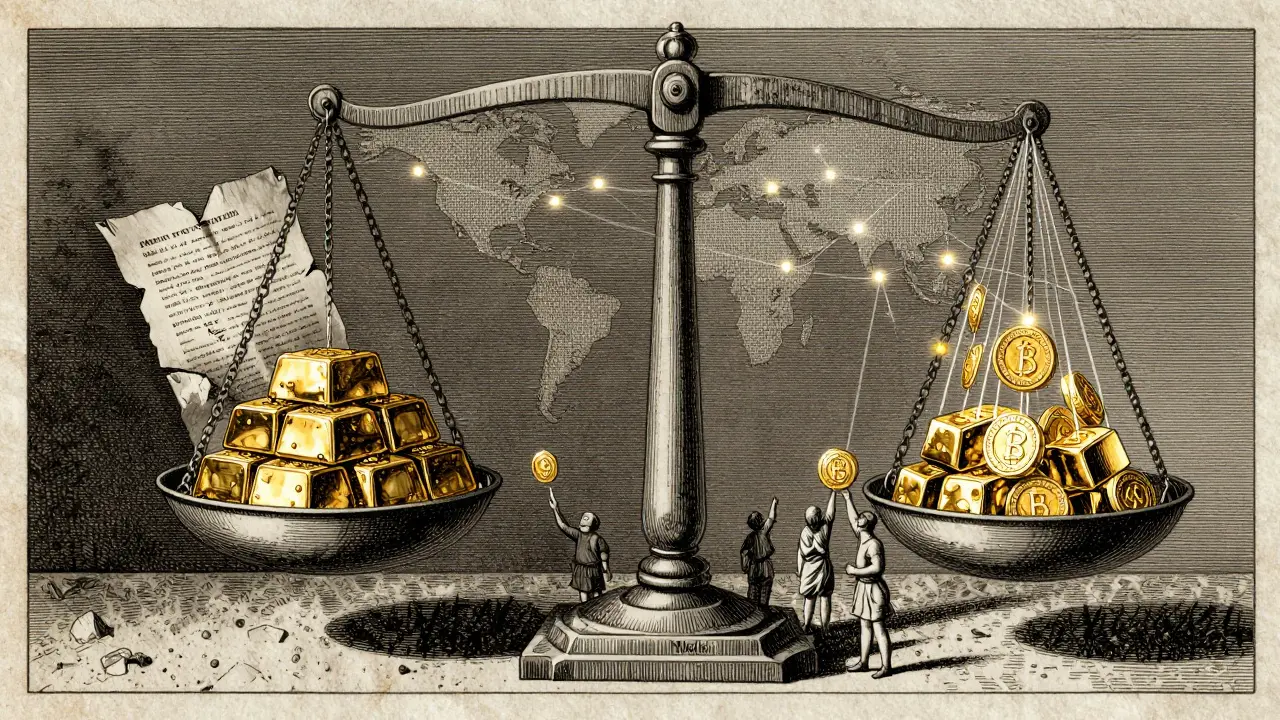 Balance scale comparing crumbling paper assets to digital tokens connected globally in etching style.