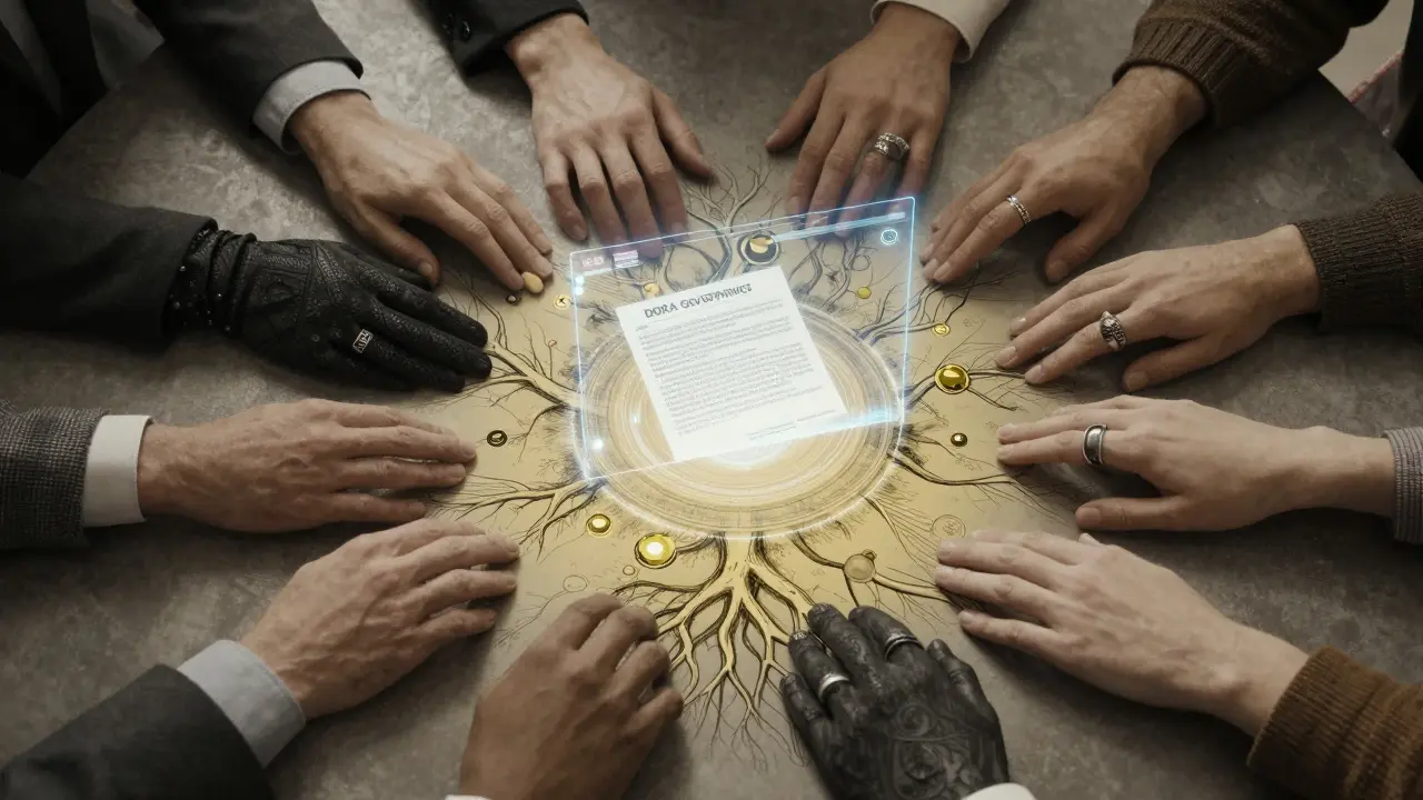 Diverse hands voting on a holographic DORA proposal, with blockchain nodes radiating outward in a circular council of decision.