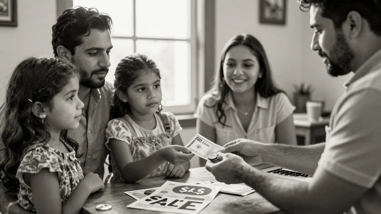 Mexican family receiving remittance with fee comparison symbols.