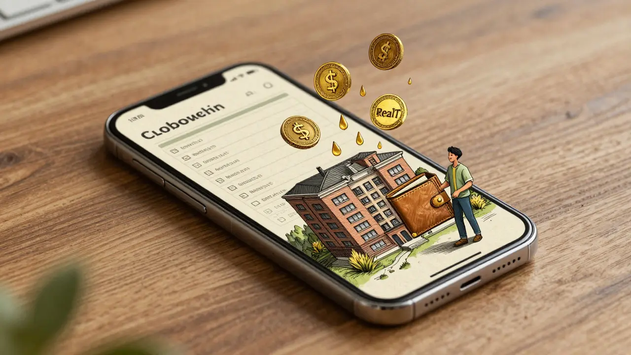 Smartphone showing blockchain tokens with miniature apartment building and rental income flowing in etching style.