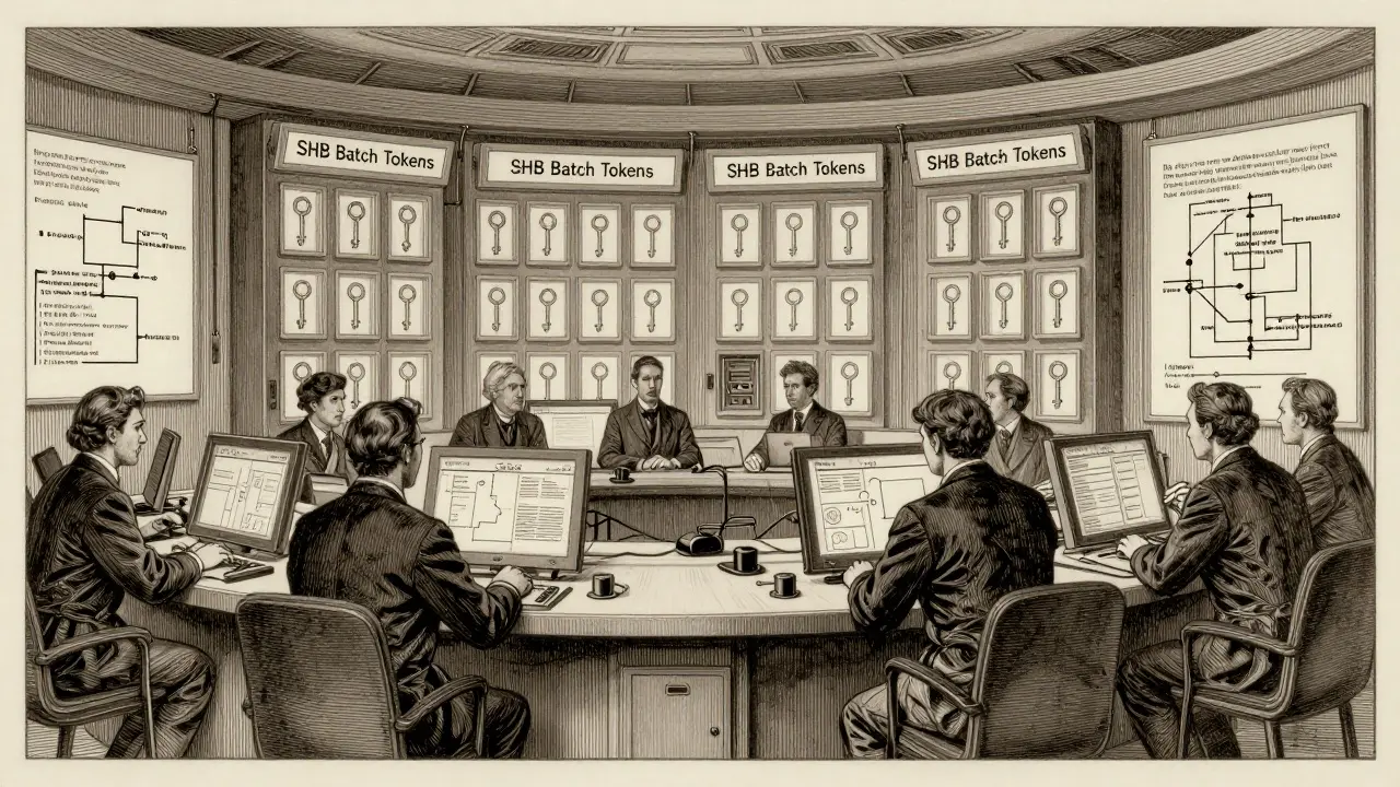 Technicians monitoring internal SHB batch tokens in a hidden control room, etching style.