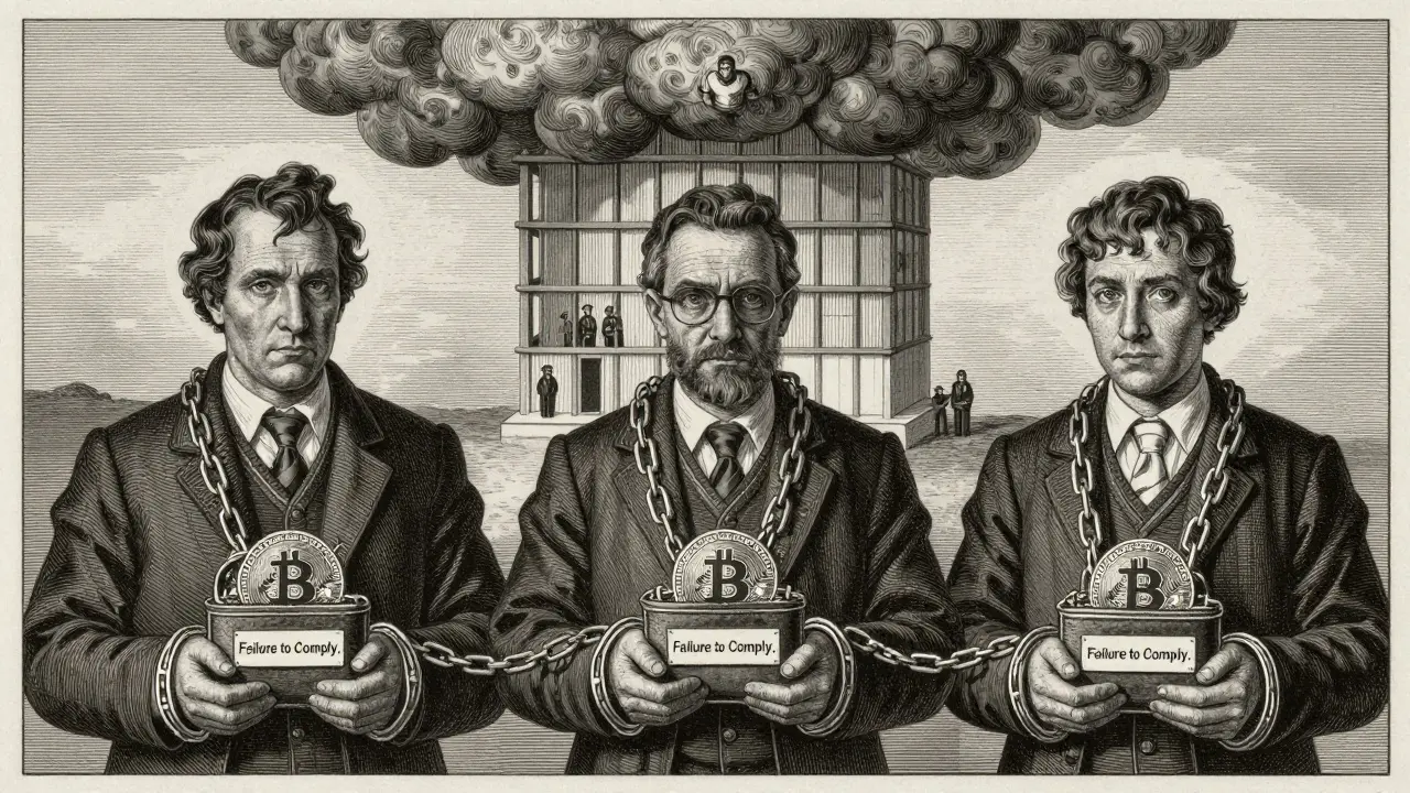 Three individuals bound by chains labeled 'Failure to Comply,' under a looming prison-shaped cloud.