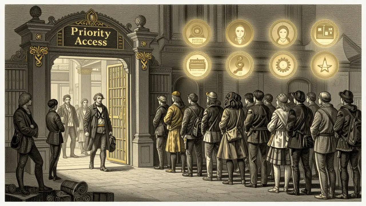 Users with high SOLID scores entering a privileged Solana marketplace while others wait in line.