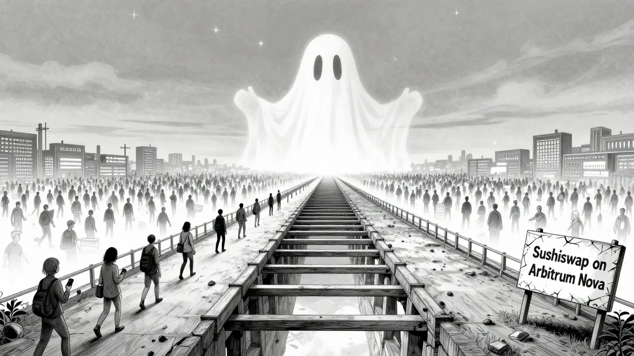 A broken bridge to nowhere labeled 'Sushiswap on Arbitrum Nova,' with hesitant traders and a 7-day withdrawal sign.