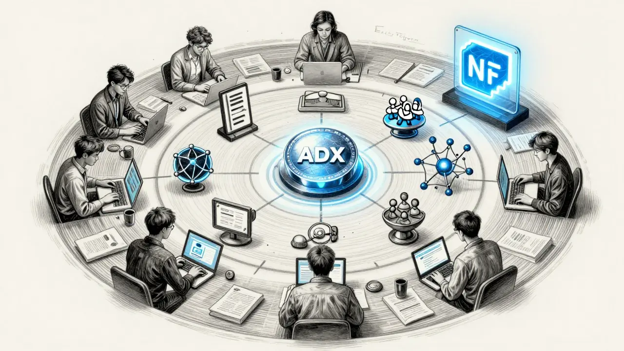 A central ADX token radiates to icons of a hackathon, AI net, and voting ballot, symbolizing community-driven Web3 innovation.