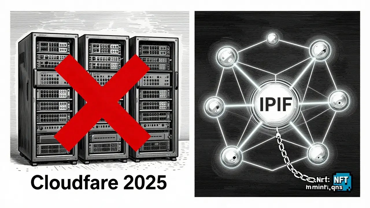 A contrast between a failed centralized server and a thriving decentralized IPFS network, shown in detailed etching.