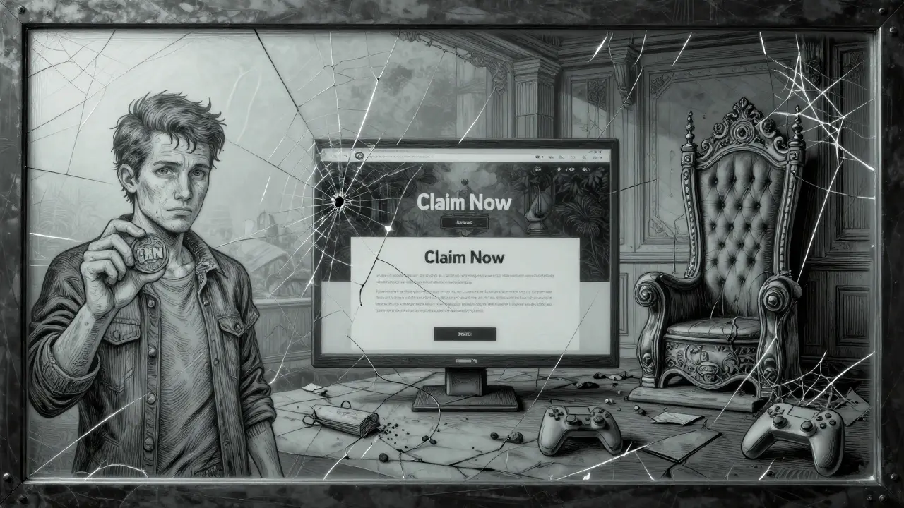 A cracked mirror reflecting THN tokens, a scam site, and an abandoned throne room.