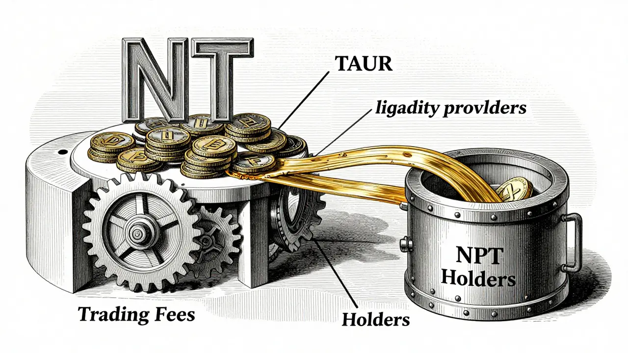 A detailed mechanical DeFi engine with gears splitting trading fees between liquidity providers and NFT holders, rendered in etching style.