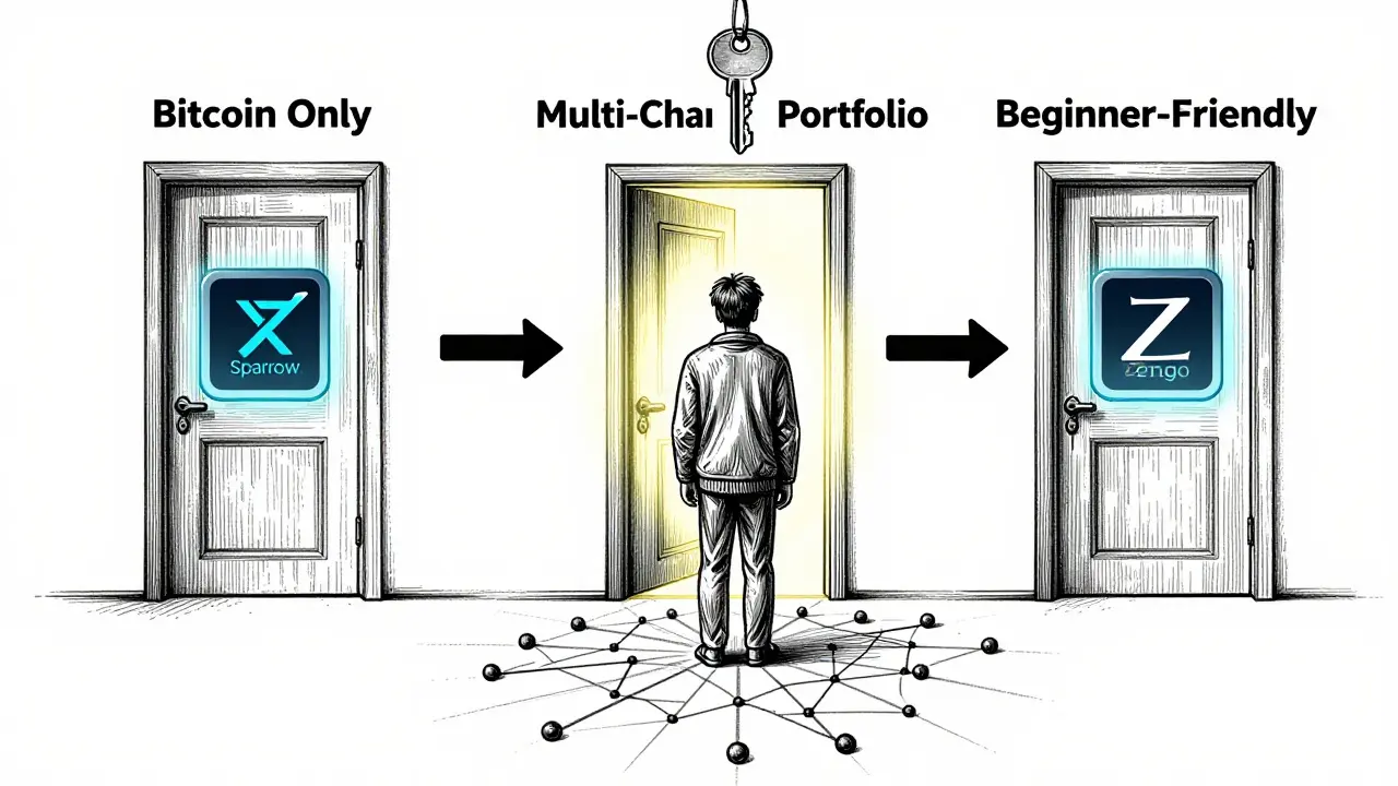 A figure choosing between three doors, each revealing a different cryptocurrency wallet.