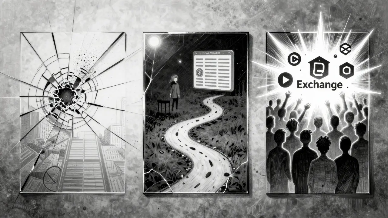 A fractured mirror showing three possible futures for a rumored crypto airdrop: fading, quiet, or exploding.