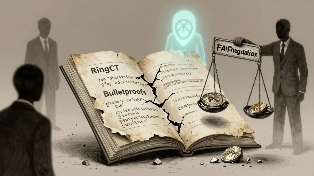 A fragmented blockchain ledger with privacy tech names fades beside a glowing Monero logo, weighed down by regulatory scales.
