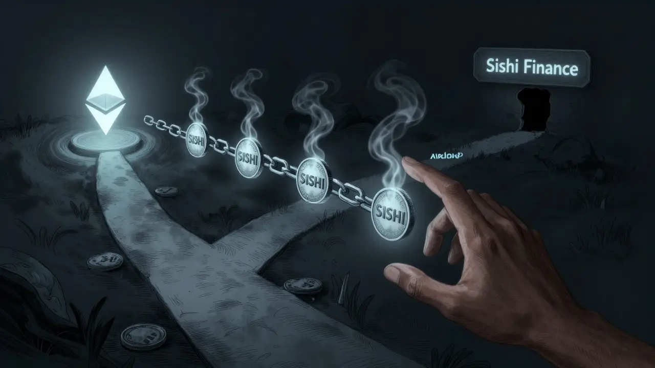 A ghostly chain of SISHI tokens dissolves into smoke while three paths lead to real crypto opportunities—or a dead end.