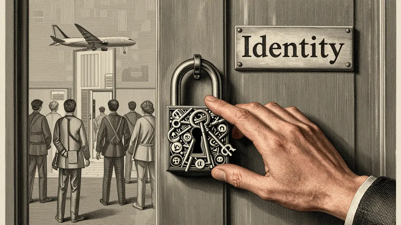 A hand reaching for a door secured by a lock made of cryptographic keys and DIDs, with scenes of identity use behind it.