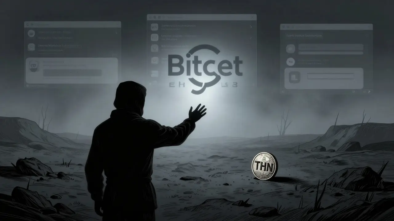 A person reaching for a Bitget logo while barren NFT markets fade into fog.
