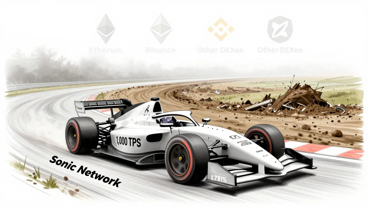 A race car on a clean Sonic Network track outpacing a cluttered dirt road labeled 'Other DEXes', illustrated in detailed etching style.