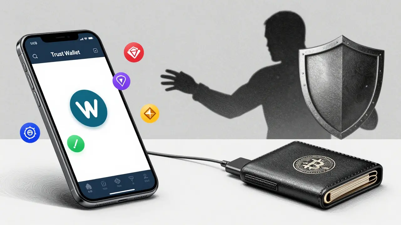 A smartphone connected to a hardware wallet, with a shadowy figure reaching toward the phone.