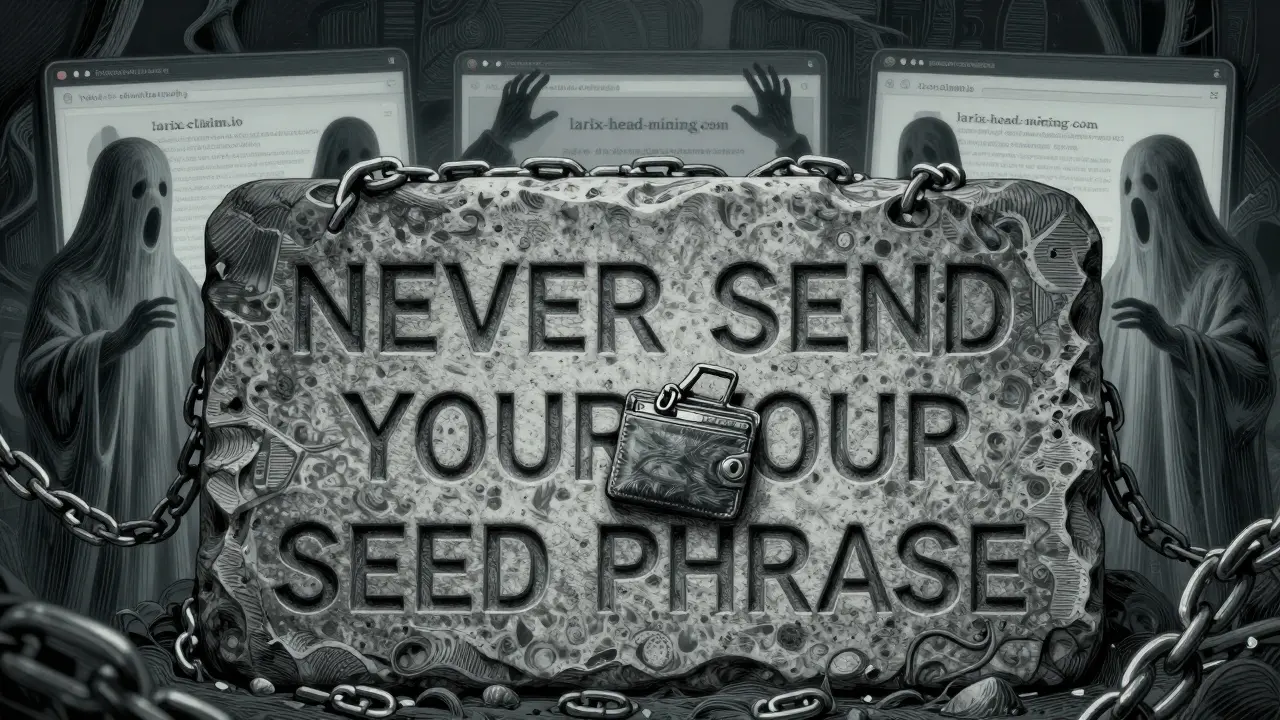 A stone warning sign with chained wallet, ghostly fake websites behind it, symbolizing crypto scam risks.