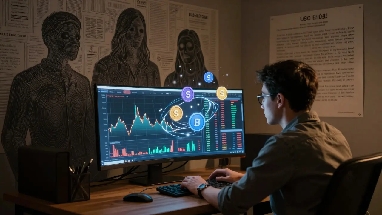 A trader monitoring a holographic chart of USDC.E/WS volume, with floating Sonic tokens and shadowy anonymous developers in the background.
