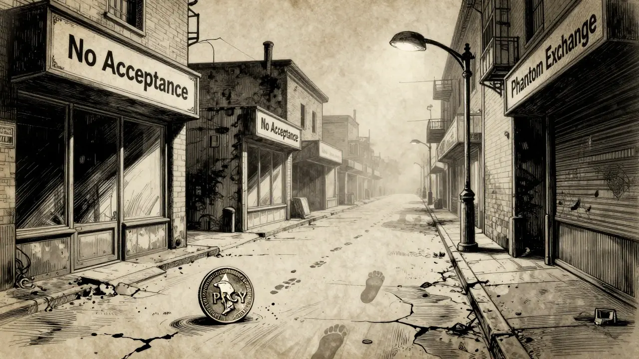 An abandoned PRCY coin rolls toward a dark exchange alley in a barren digital marketplace, lit by a single flickering lamp.