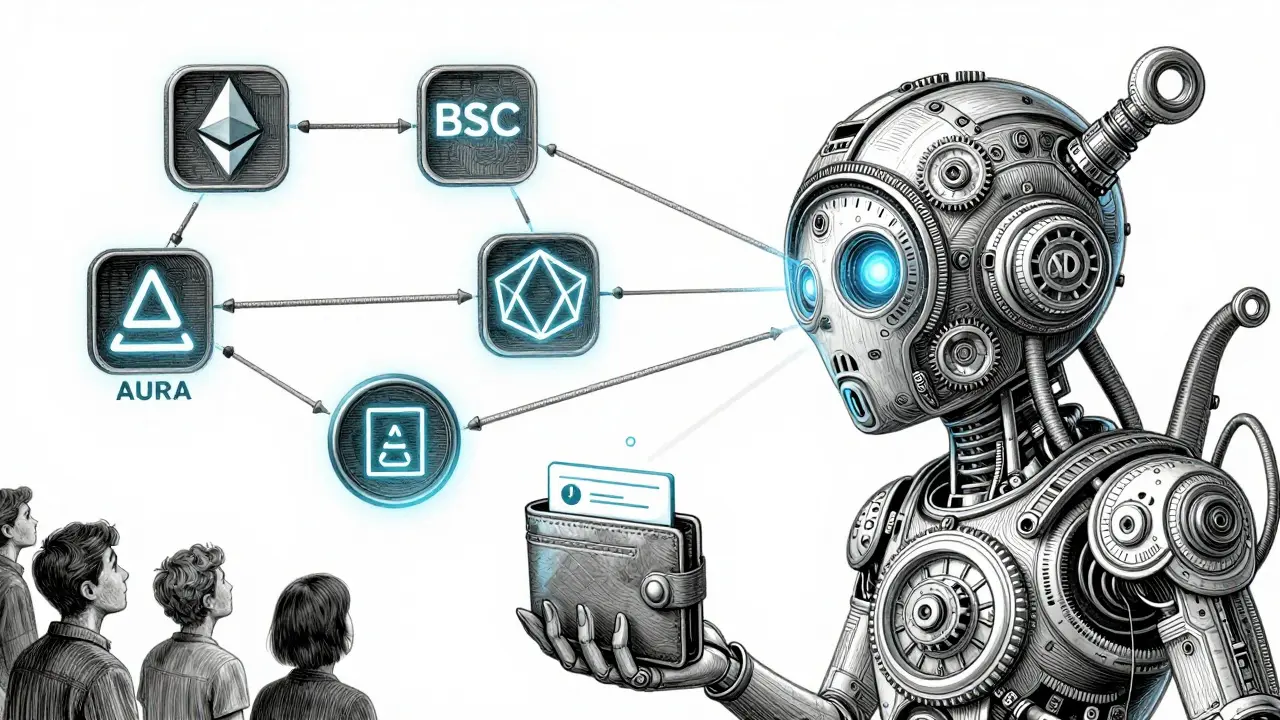 An intricate clockwork AI agent named AURA connects blockchain data streams, with a wallet receiving alerts below.