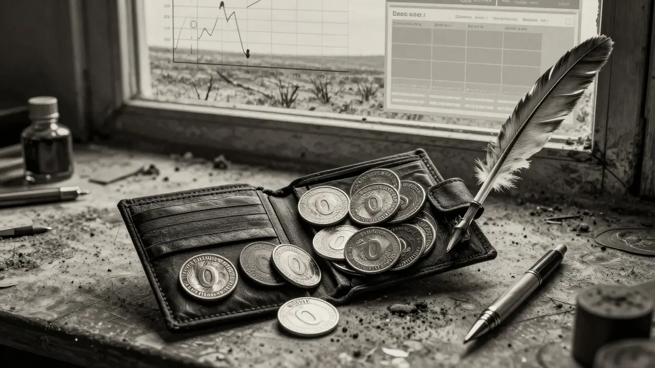 An open wallet overflows with SISHI tokens marked '0', fading into dust as a dried quill rests beside it, symbolizing inactivity and decay.