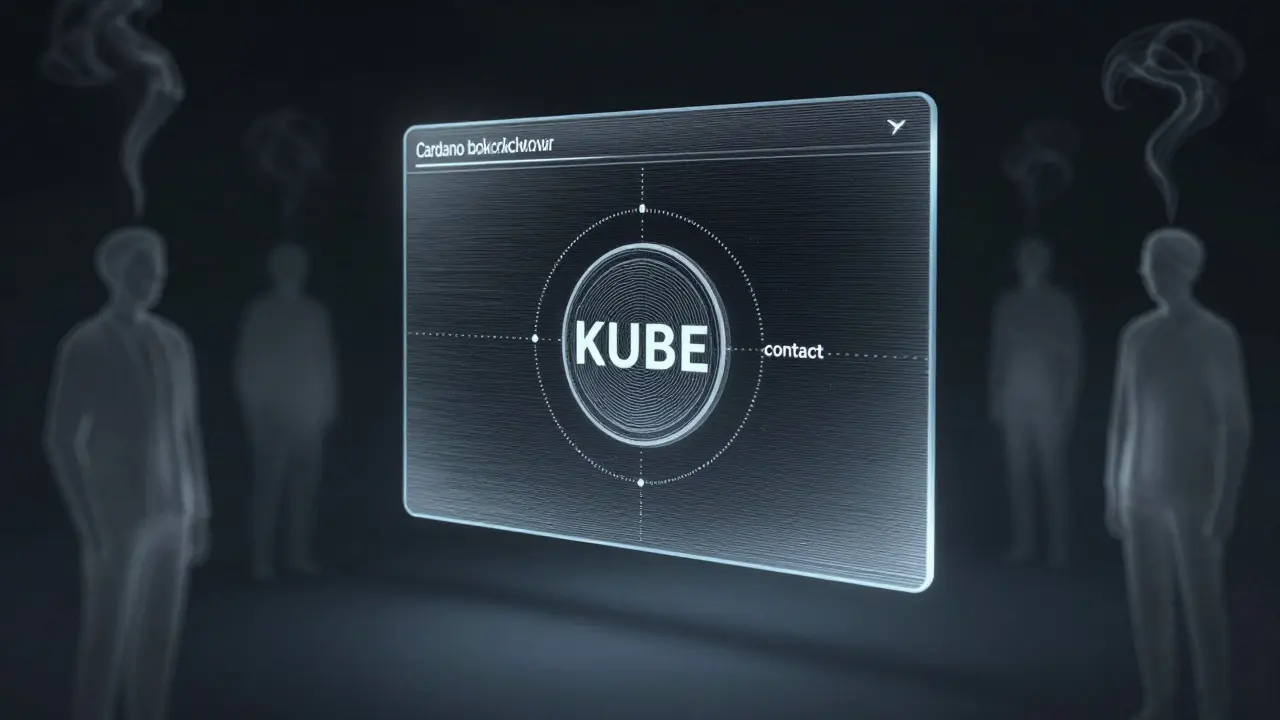 Cardano blockchain explorer showing no KUBE token activity, with fading user silhouettes.
