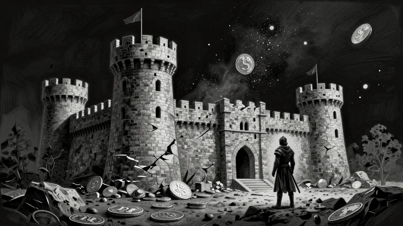 Crumbling fortress made of coins with dust representing project decline