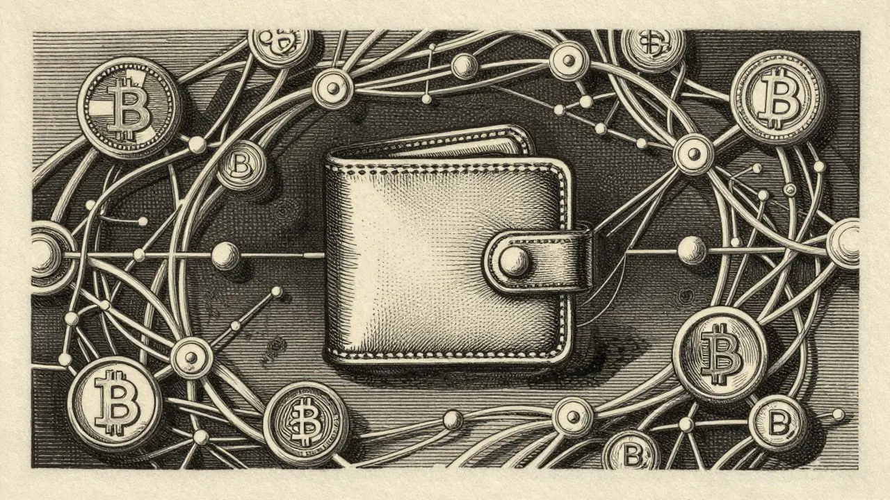 Cryptocurrency wallet icon with flowing data connections