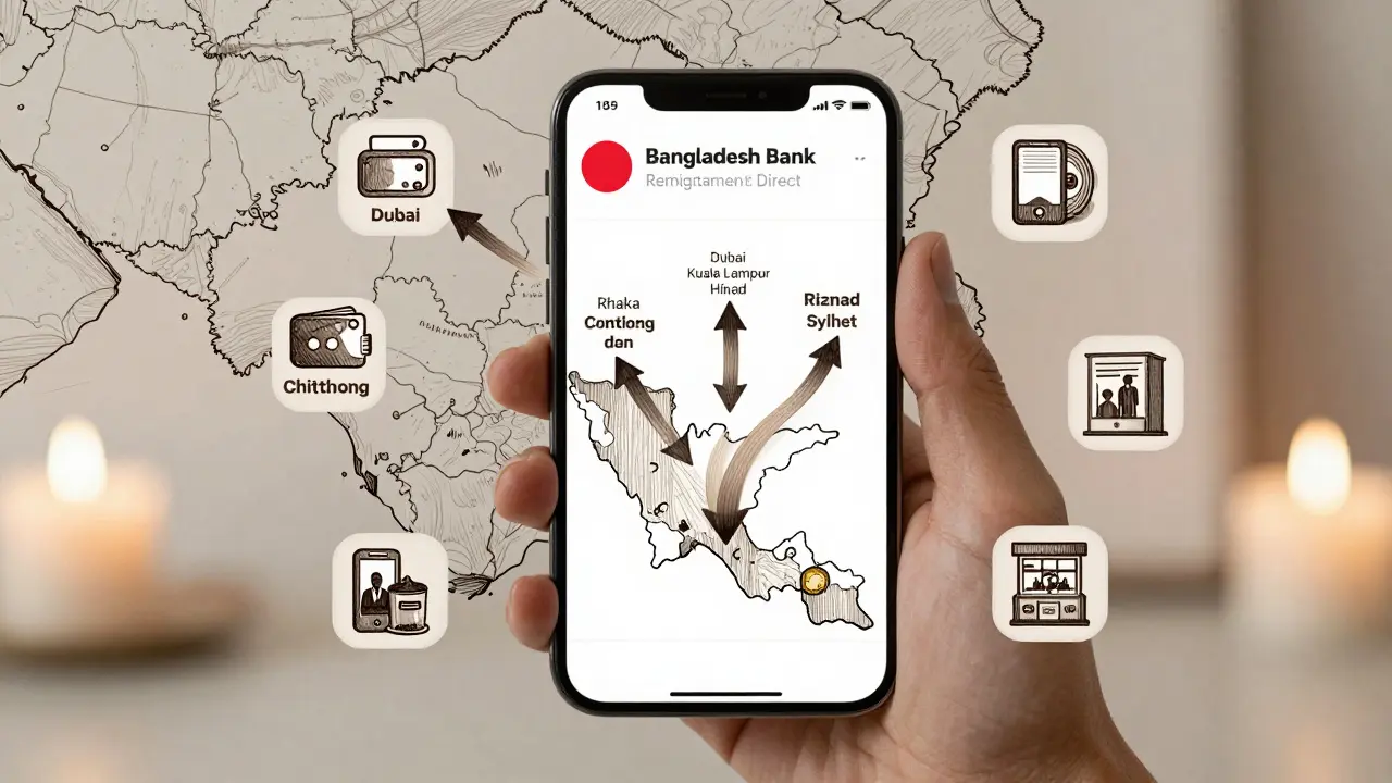 Digital remittance flows from Middle East and Southeast Asia into Bangladesh, illustrated with agent kiosks and bank icons in etching style.