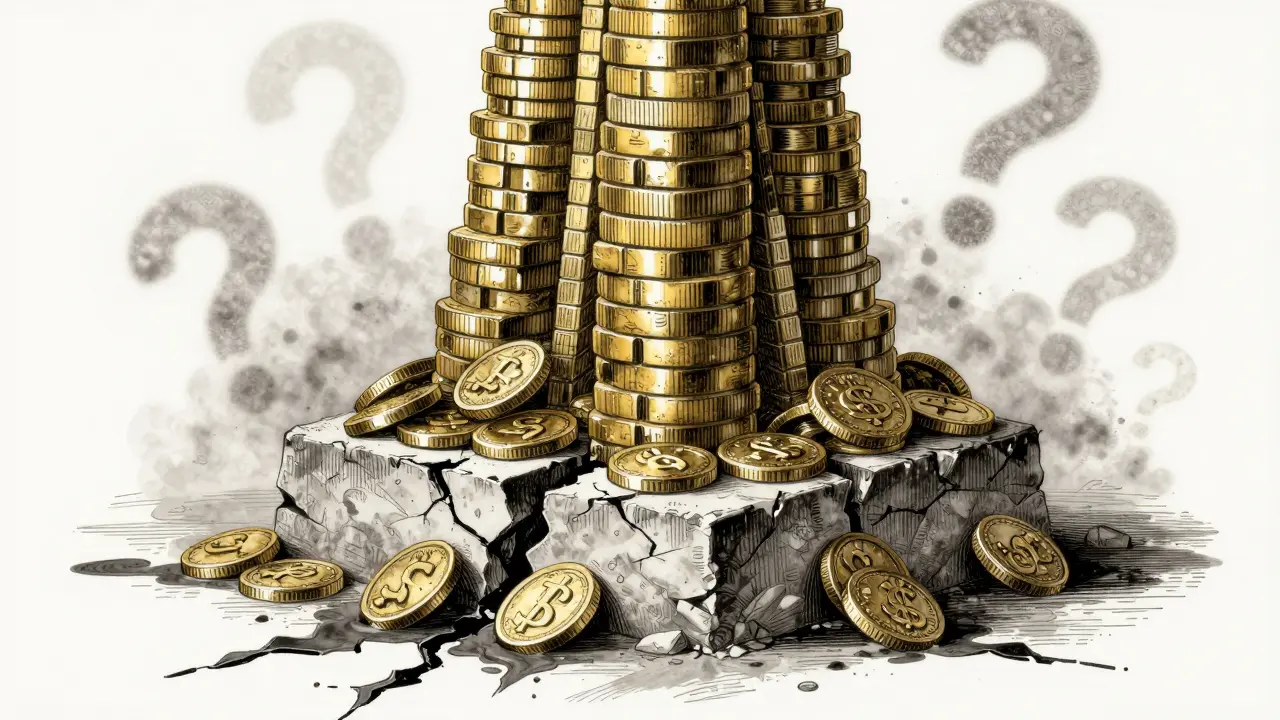 Engraving of cracking tower symbolizing financial instability