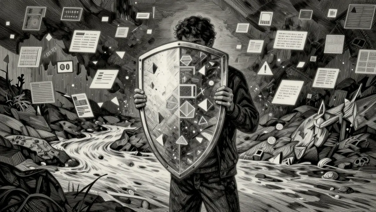 Person using a shield to filter chaotic data fragments.