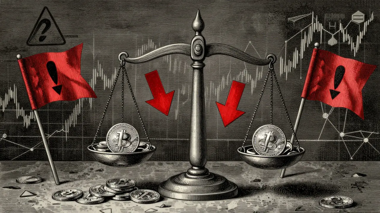 Risk assessment scales with crypto coins and warnings