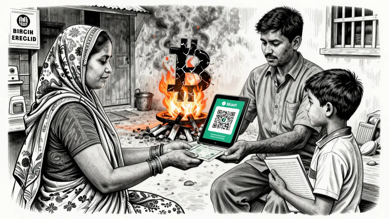 Rural woman receiving cash from agent, child with school notebook, Bitcoin symbol burning as bKash code glows softly in background.