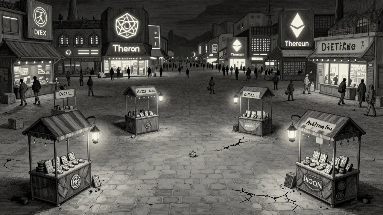 Six isolated token stalls in a barren marketplace under a flickering lantern, while bustling DEXs glow in the distance.