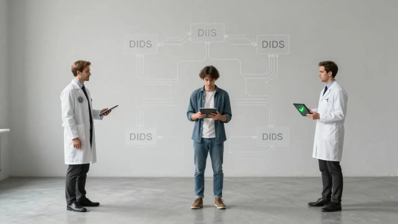 Three figures exchanging verifiable credentials through engraved symbolic pathways representing DID verification.