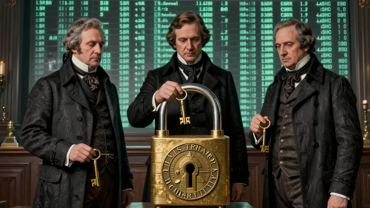 Three officials poised over a multi-signature lock with Treasury seal, in a dim chamber.