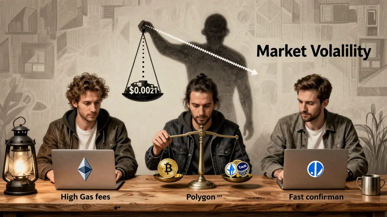 Three people at a table with different blockchains, balancing an NFT and TAUR tokens while market volatility looms behind them.