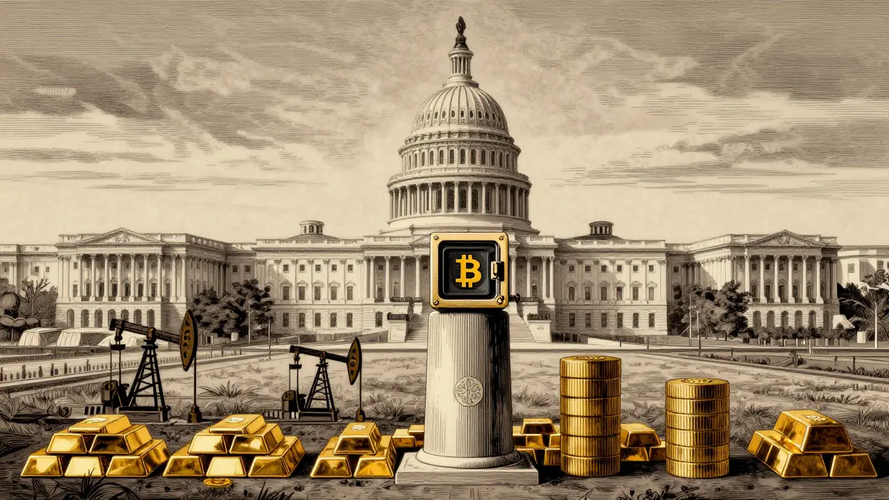 U.S. Capitol with a digital Bitcoin vault rising as a national reserve monument at dawn.