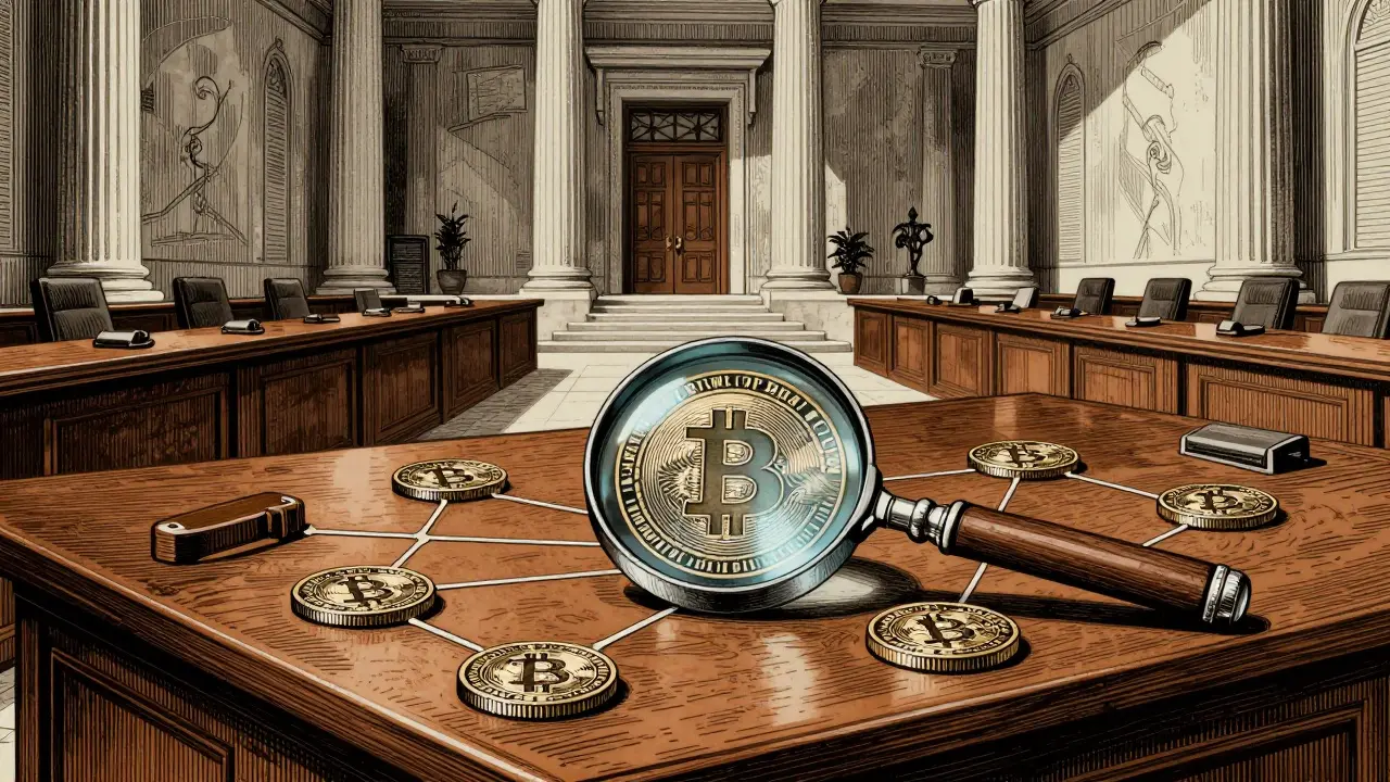 A magnifying glass examining digital coins on a formal bank desk in etching style.